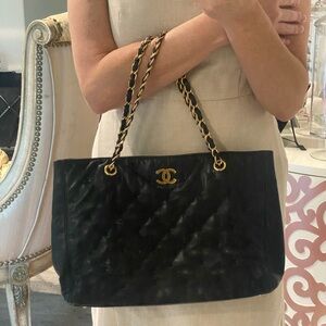 Authentic Chanel Lambskin Cross Stitch Shopper Tote